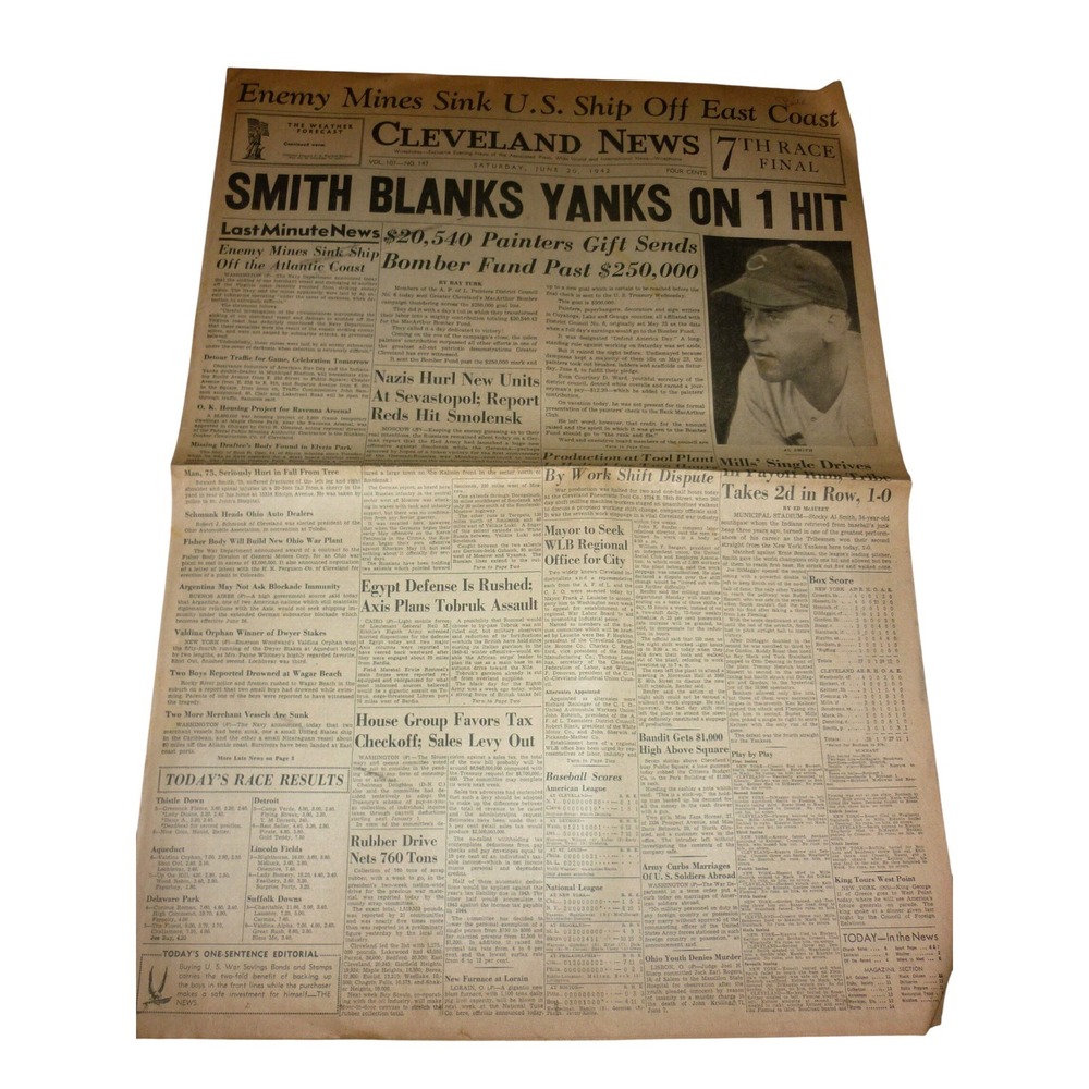 Vintage June 20 1942 Cleveland News Newspaper WWII Al Smith Blanks Yanks 1-Hit